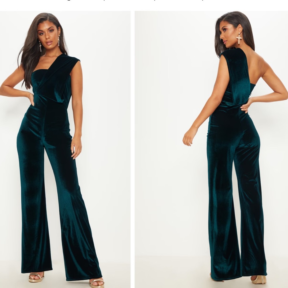 PLT Emerald Green Velvet Drape One Shoulder Jumpsuit